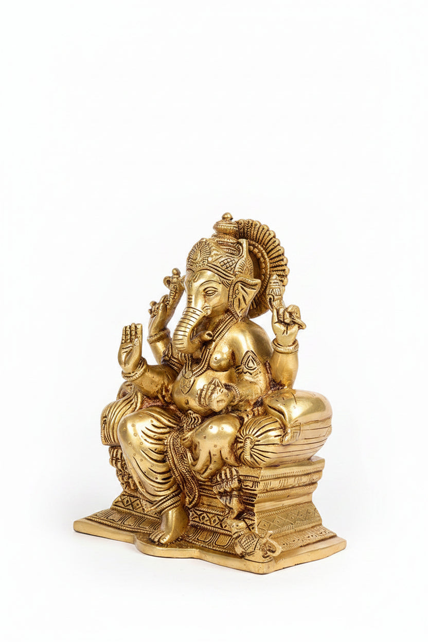 Lalitasana Pose Ganesha Brass Statue 9 Inch Handcrafted Royal Seated Ganpati Idol for Home Temple and Premium Gifting