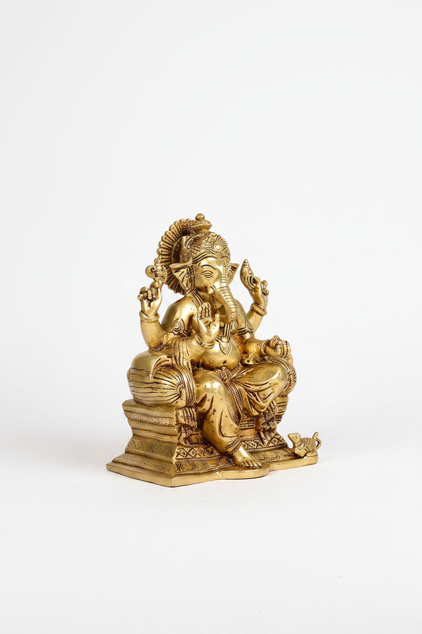 Lalitasana Pose Ganesha Brass Statue 9 Inch Handcrafted Royal Seated Ganpati Idol for Home Temple and Premium Gifting