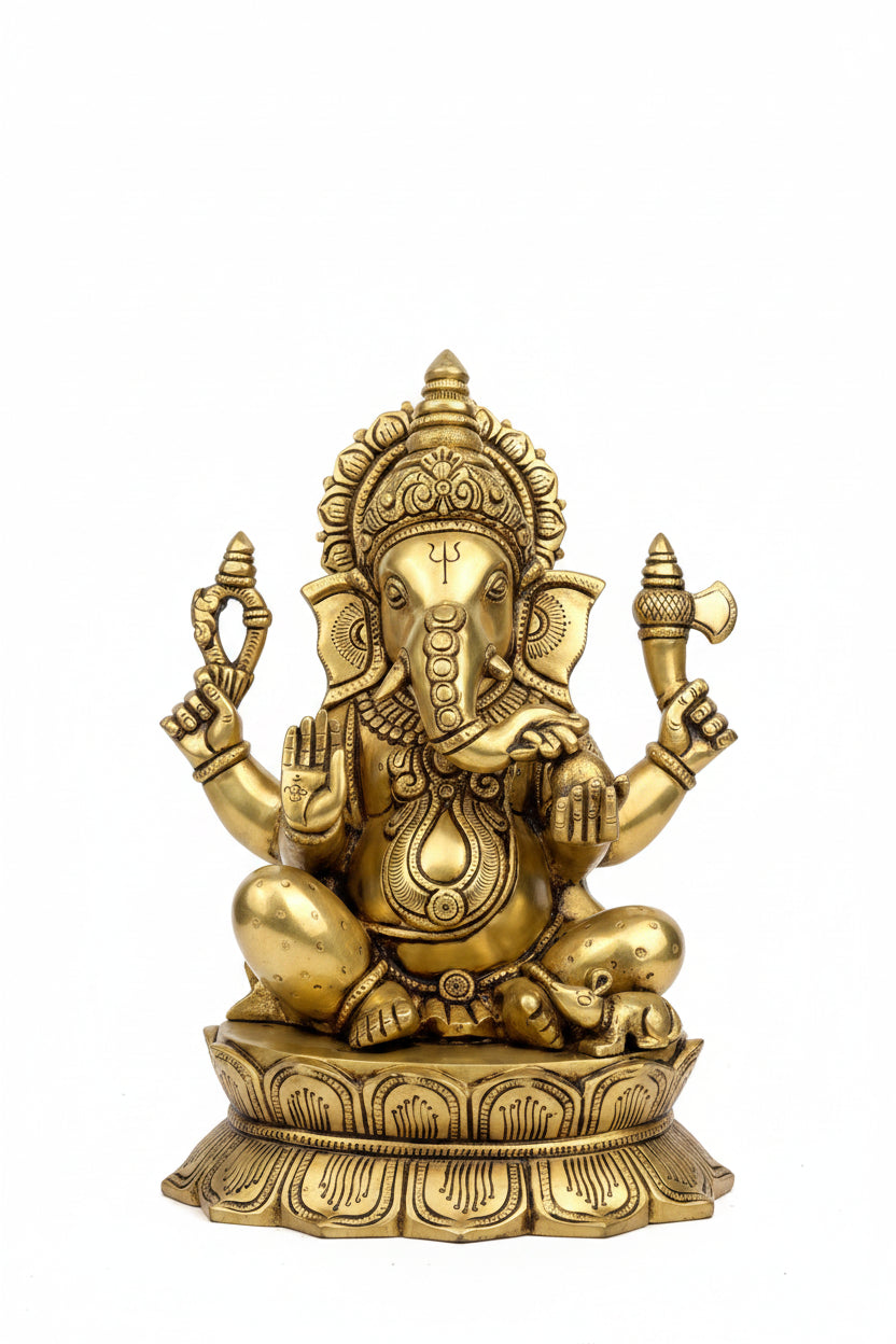 Large Ganesha Brass Idol 11 Inch Heavy Handcrafted Premium Ganpati Murti for Home Temple and Corporate Gifting