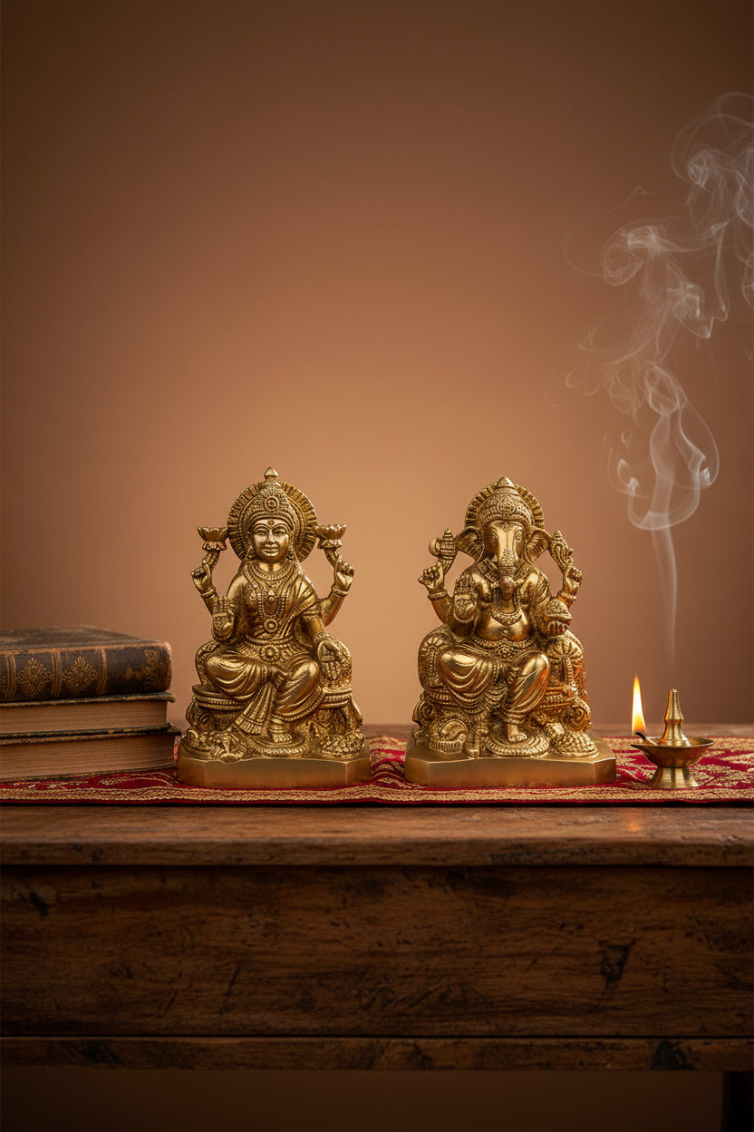 Laxmi Ganesh Brass Idol Set 6.8 Inch Premium Handcrafted Murti for Home Temple
