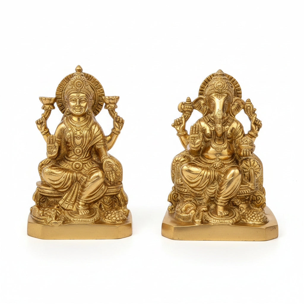 Laxmi Ganesh Brass Idol Set 6.8 Inch Premium Handcrafted Murti for Home Temple