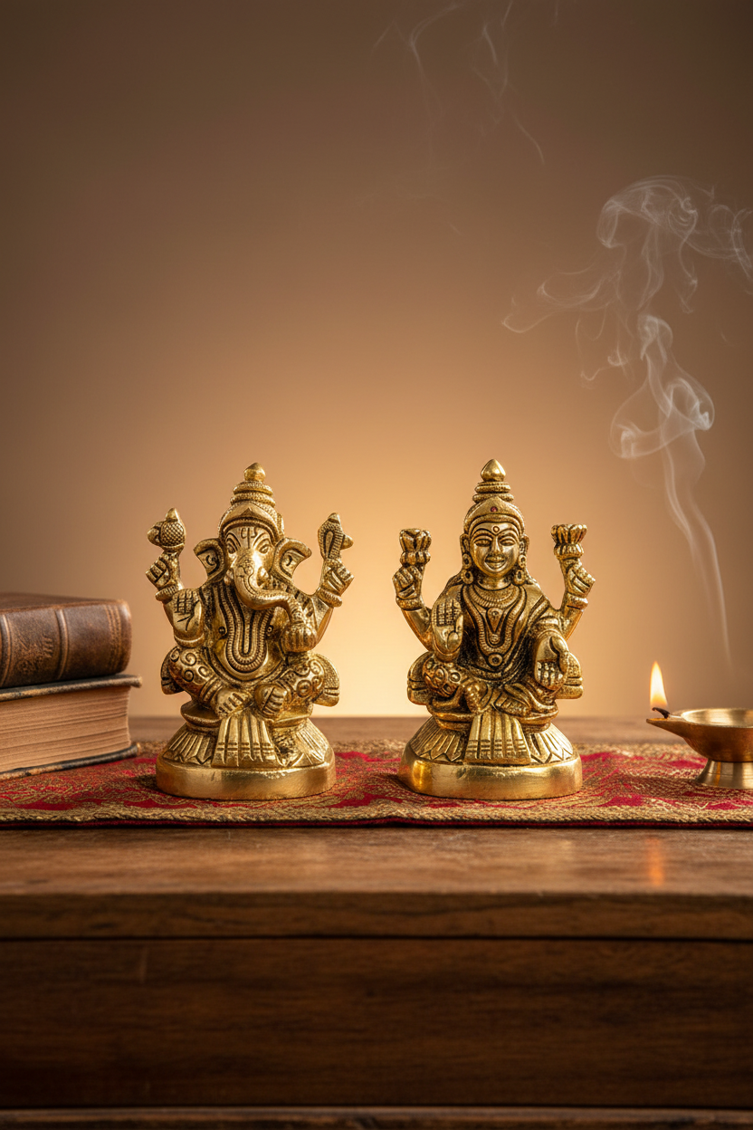 Laxmi Ganesh Brass Idol Set for Home Puja and Office Decor