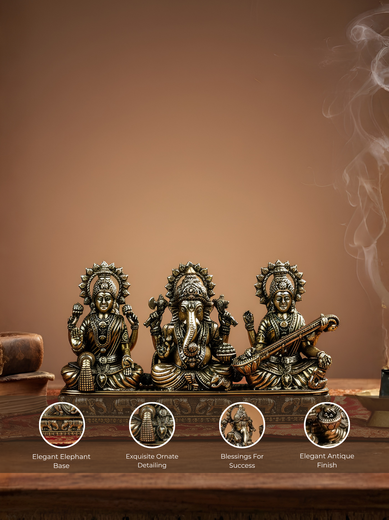 Lakshmi Ganesh Saraswati on Pedestal Ashtadhatu Idol - Energised Divine Trio Murti