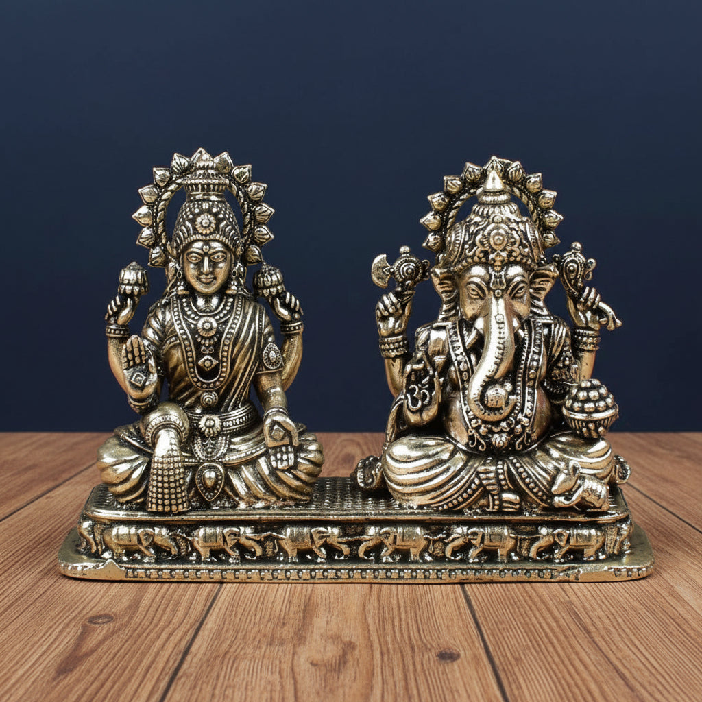 Laxmi Ganesh on Pedestal Ashtadhatu Idol