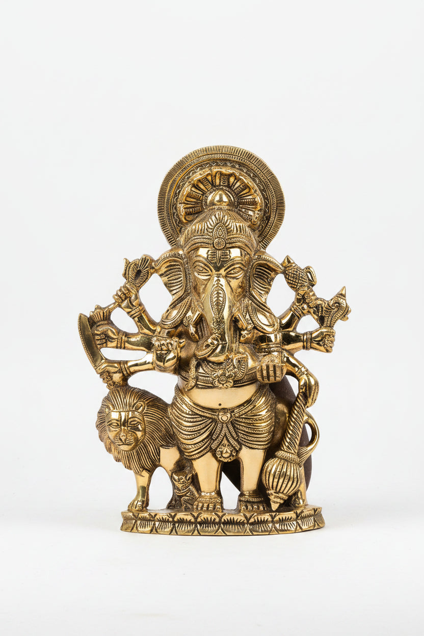 Lion Ashtabhuja Ganesha Standing with Trishul Brass Idol 9.7 Inch Handcrafted Eight Armed Ganesh Murti for Home Puja and Temple