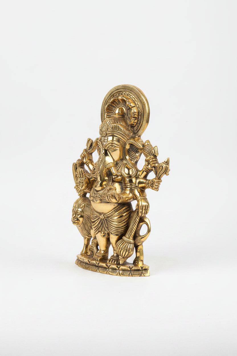 Lion Ashtabhuja Ganesha Standing with Trishul Brass Idol 9.7 Inch Handcrafted Eight Armed Ganesh Murti for Home Puja and Temple