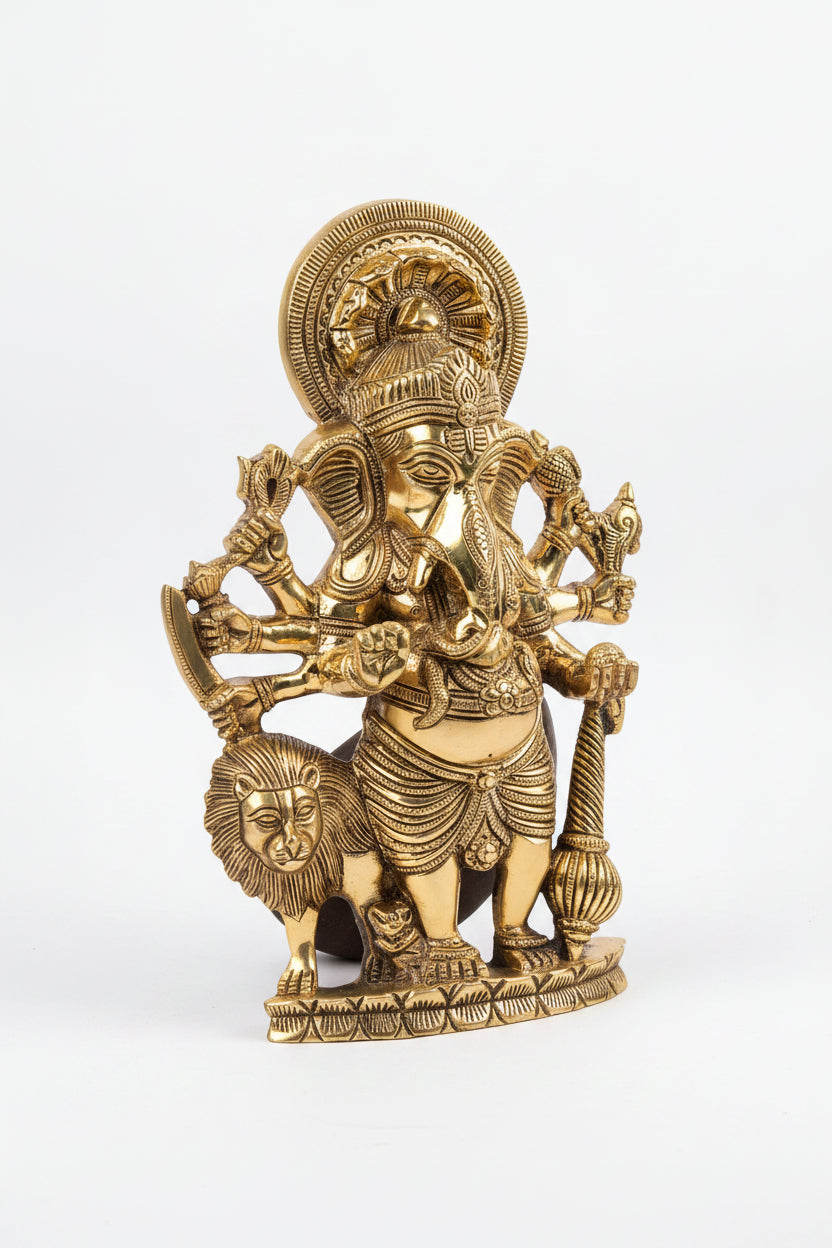 Lion Ashtabhuja Ganesha Standing with Trishul Brass Idol 9.7 Inch Handcrafted Eight Armed Ganesh Murti for Home Puja and Temple
