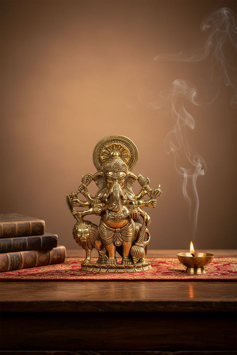 Lion Ashtabhuja Ganesha Standing with Trishul Brass Idol 9.7 Inch Handcrafted Eight Armed Ganesh Murti for Home Puja and Temple