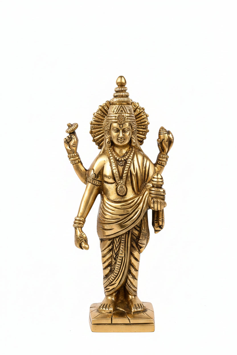 Lord Dhanvantari Brass Statue 7.25 Inch Handcrafted God of Ayurveda and Health Idol for Home Puja and Wellness Spaces