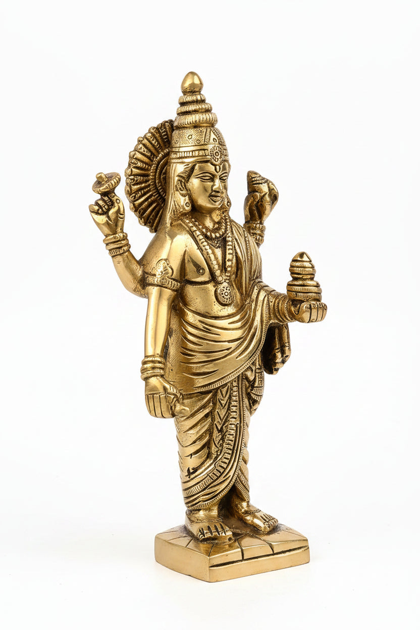 Lord Dhanvantari Brass Statue 7.25 Inch Handcrafted God of Ayurveda and Health Idol for Home Puja and Wellness Spaces