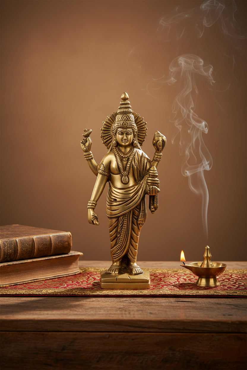 Lord Dhanvantari Brass Statue 7.25 Inch Handcrafted God of Ayurveda and Health Idol for Home Puja and Wellness Spaces