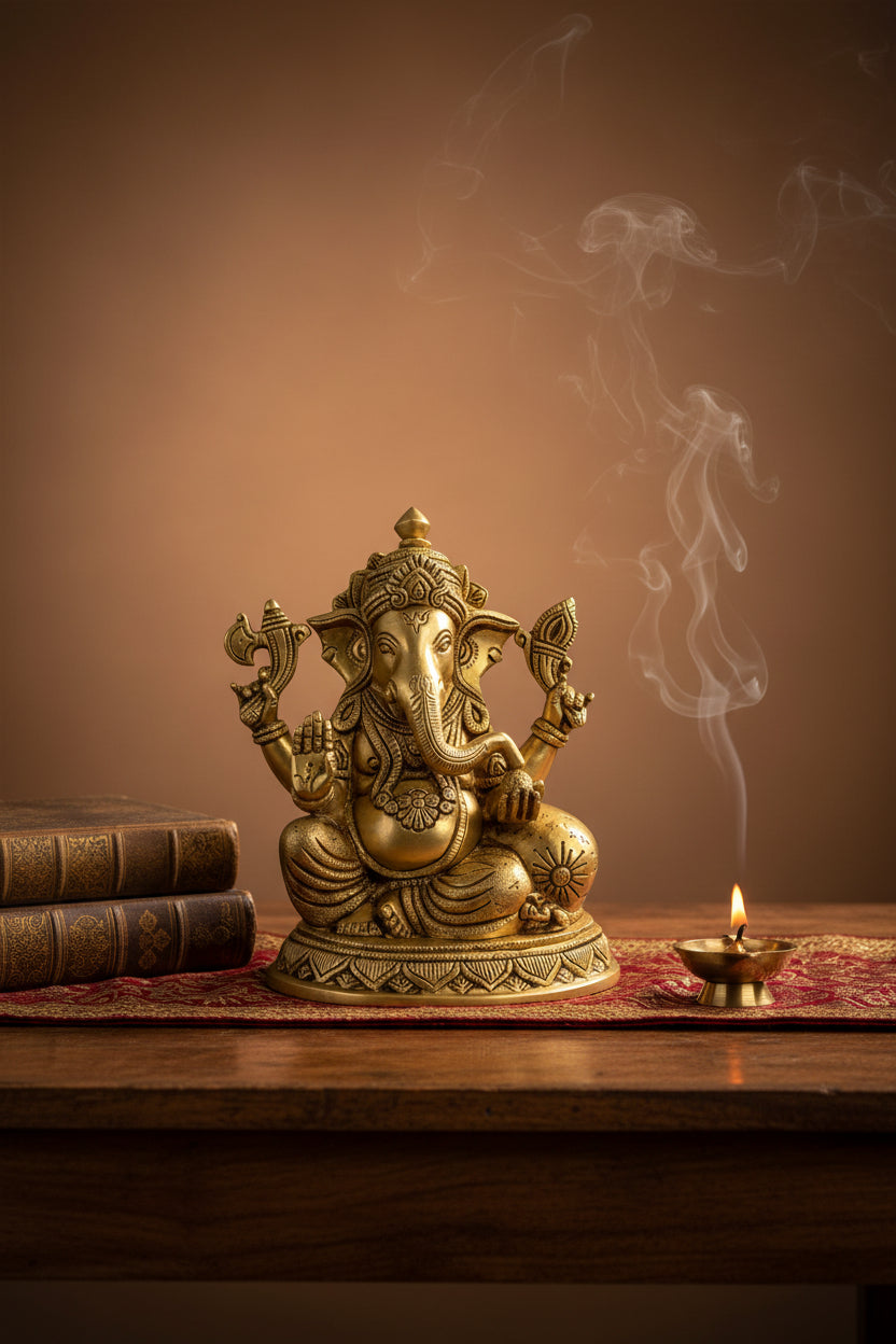 Lord Ganapathi Brass Idol 8.5 Inch Handcrafted Premium Ganesha Murti for Home Temple Puja Room and Corporate Gifting