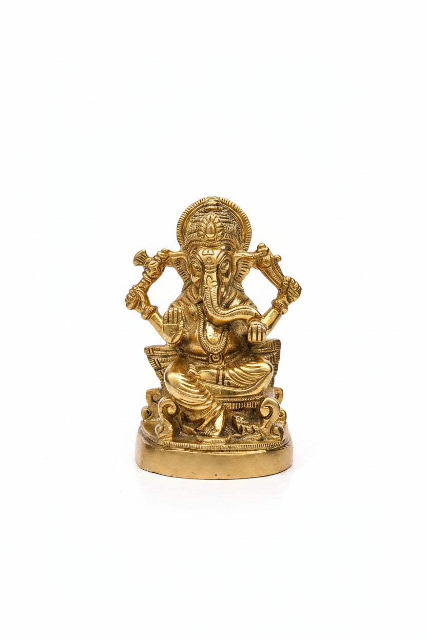 Lord Ganesh Brass Statue 4.4 Inch Handcrafted Seated Ganesha Idol for Home Puja Mandir and Office Decor