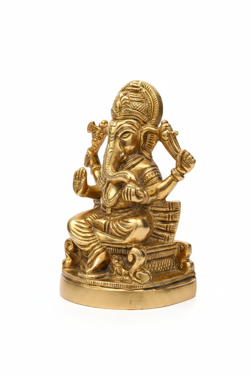 Lord Ganesh Brass Statue 4.4 Inch Handcrafted Seated Ganesha Idol for Home Puja Mandir and Office Decor