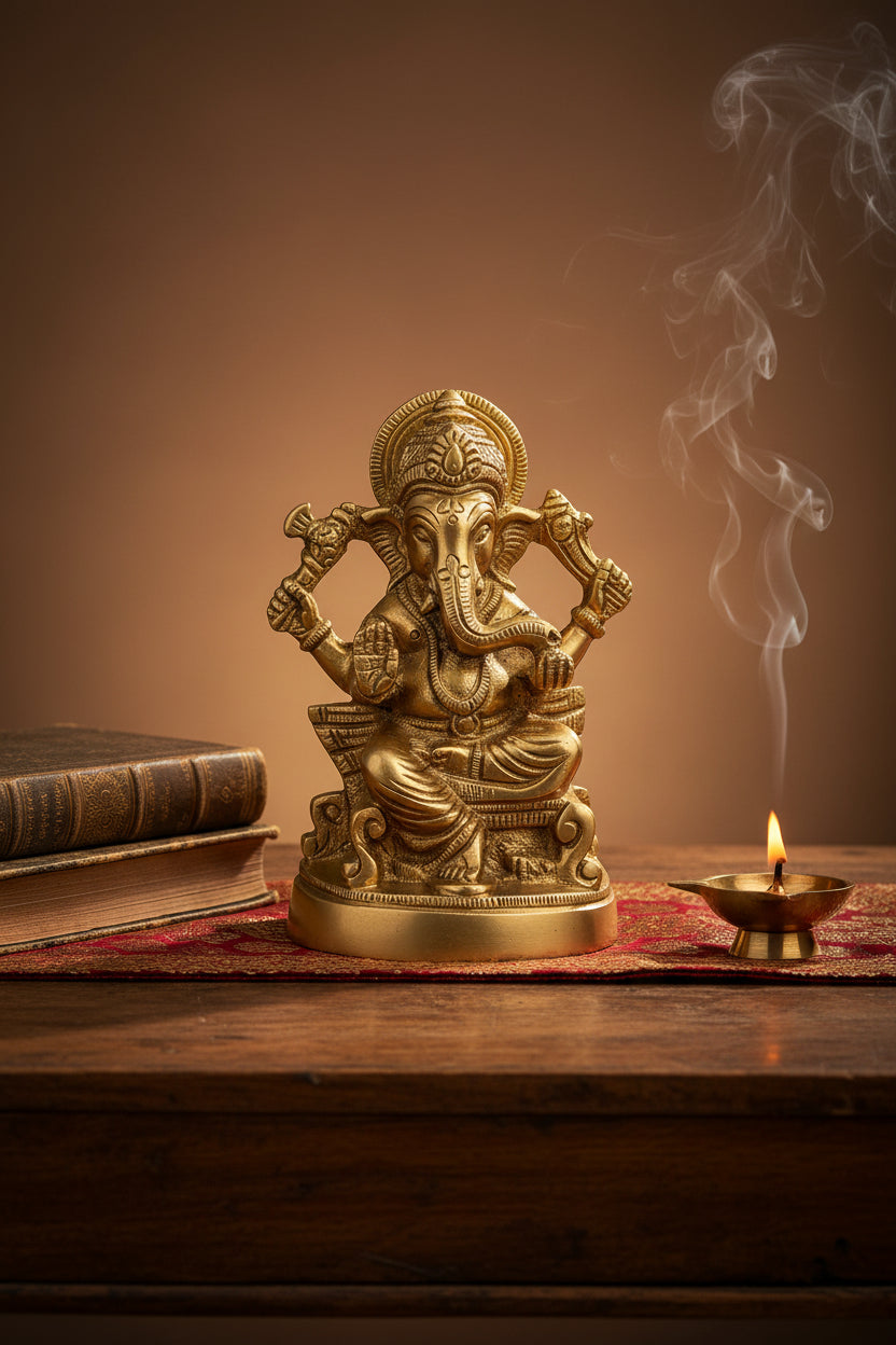 Lord Ganesh Brass Statue 4.4 Inch Handcrafted Seated Ganesha Idol for Home Puja Mandir and Office Decor