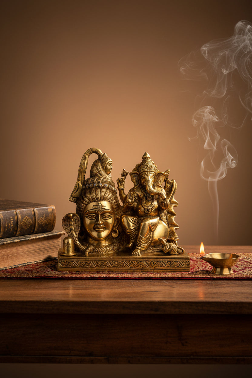 Lord Shiva Face with Ganesh Brass Idol 8.5 Inch Pure Brass Statue for Home Temple Pooja