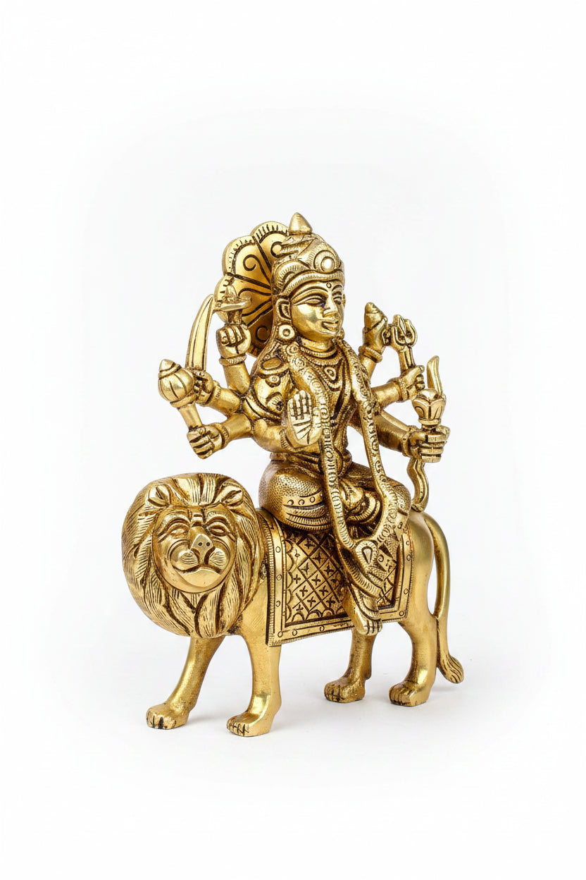 Maa Sherawali Durga Devi Brass Idol 7.25 Inch Premium Handcrafted Murti - ManiMonk
