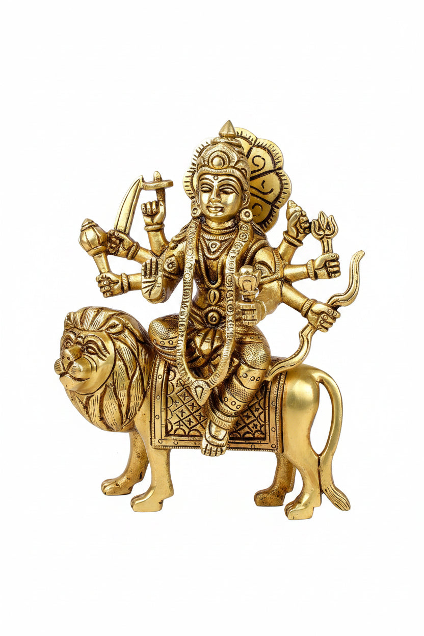 Maa Sherawali Durga Devi Brass Idol 7.25 Inch Premium Handcrafted Murti - ManiMonk