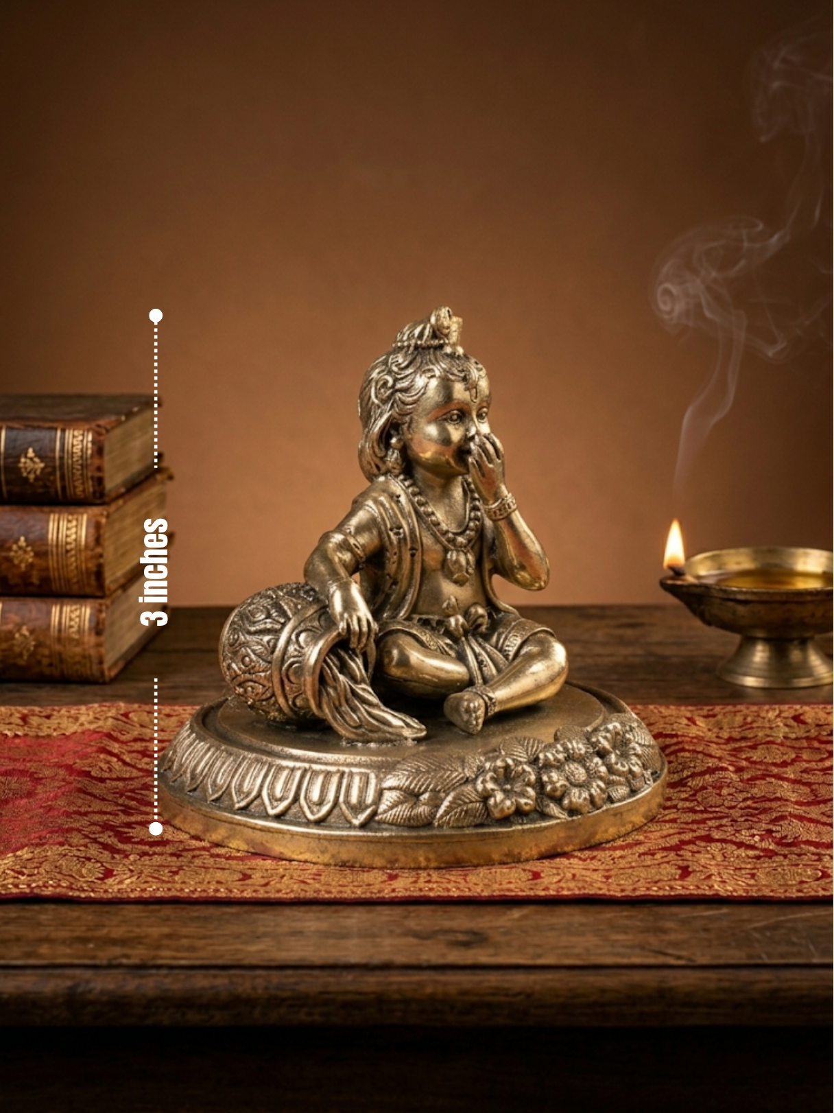 Dimensions scale view of the 8-metal Ashtadhatu Makhanchor Bal Krishna murti, perfectly sized for home mandir decor and spiritual worship