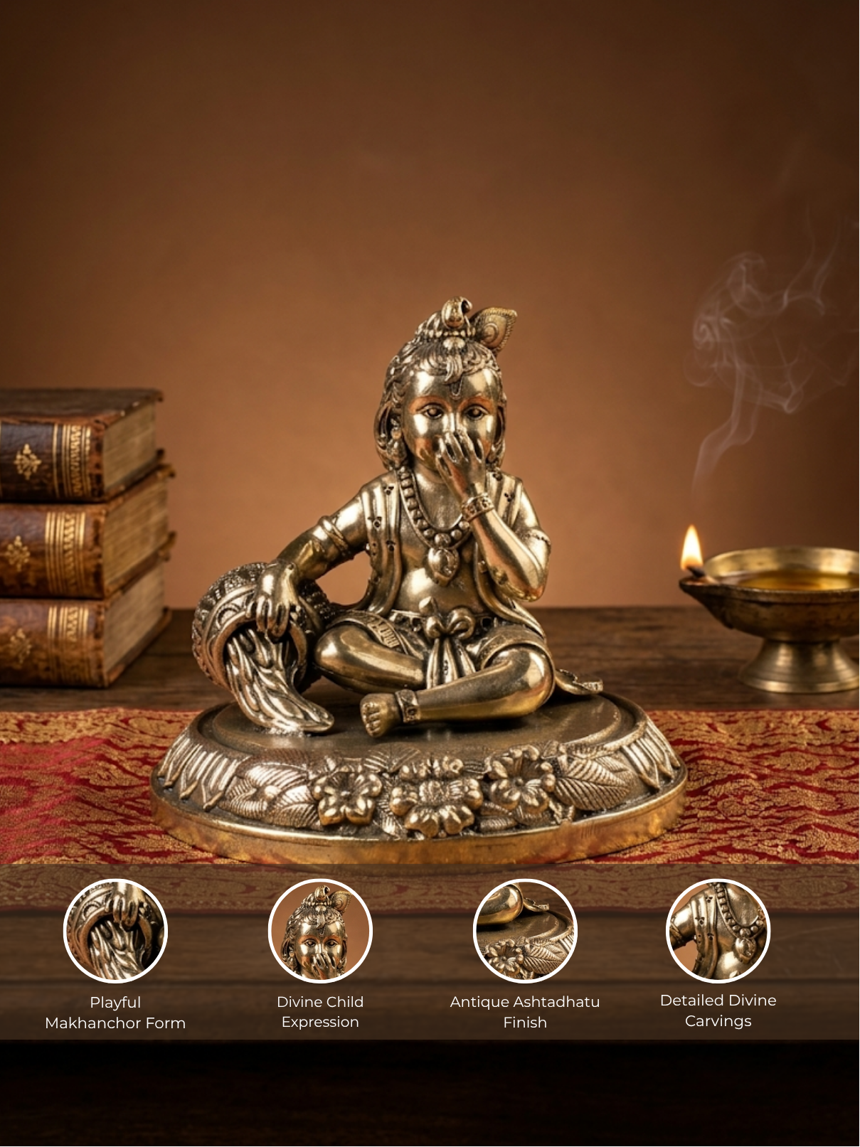 Detailed feature view of the Mani Monk Makhanchor Bal Krishna idol highlighting the intricate sacred detailing, the traditional butter pot (makhan matki), and antique Ashtadhatu finish