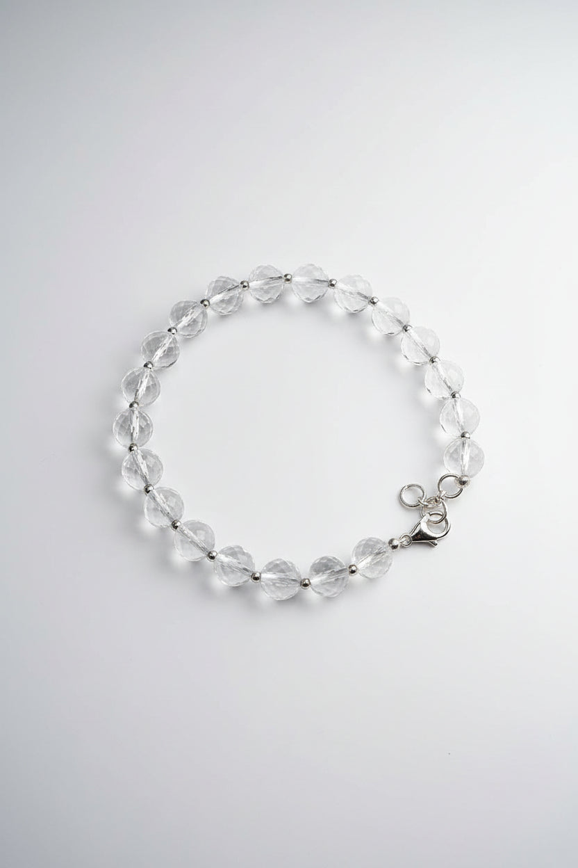 Mani Monk Aura Faceted Sphatik Bracelet with Silver Balls & Hook – 8 mm