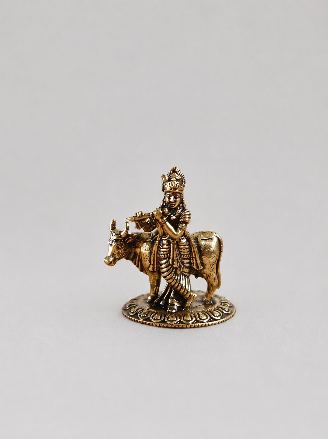 Mani Monk Brass Basuri Krishna with Cow Idol - 1.1 Inch - Divine Pastoral Scene for Home and Puja Room