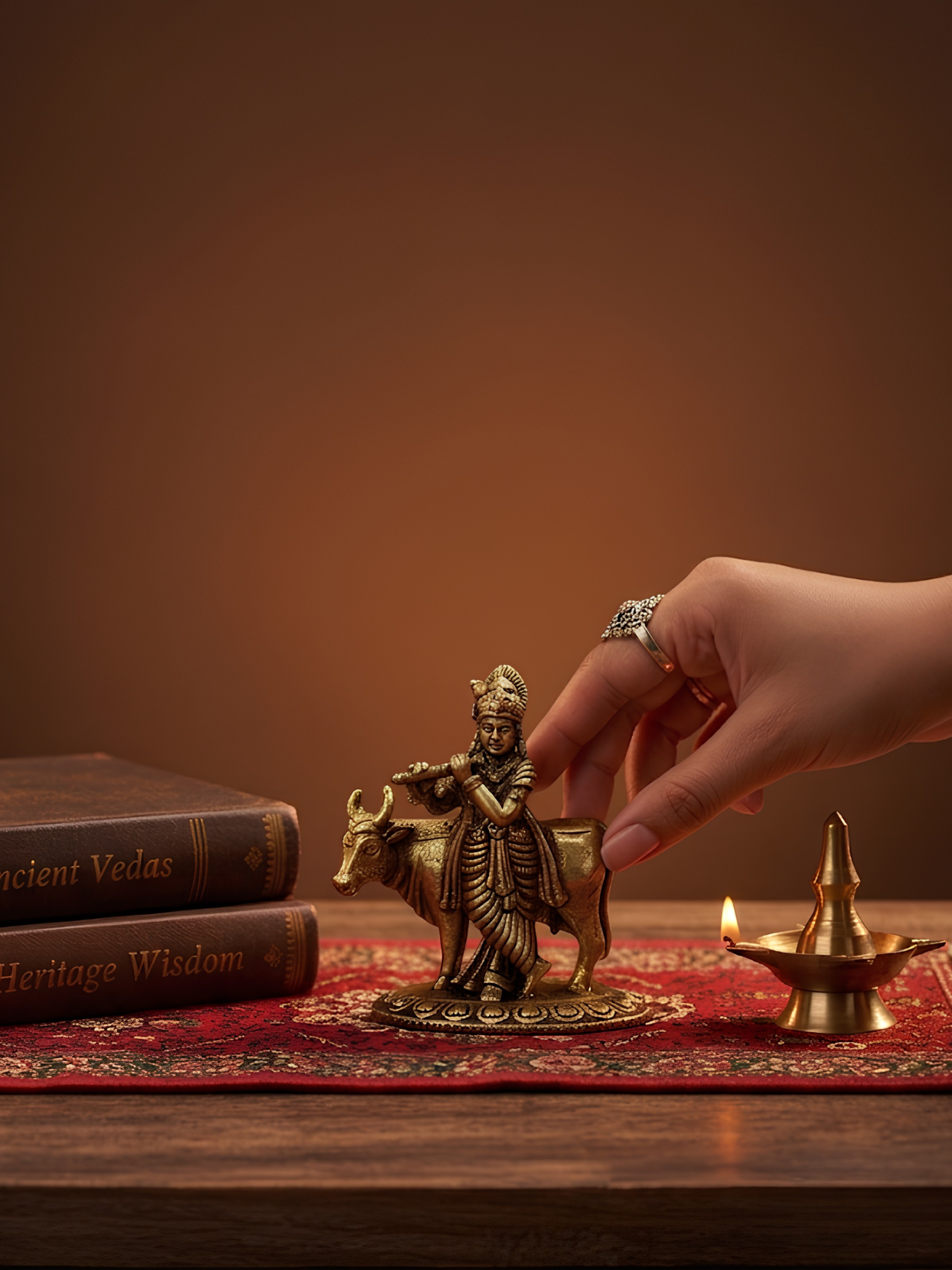 Mani Monk Brass Basuri Krishna with Cow Idol - 1.1 Inch - Divine Pastoral Scene for Home and Puja Room - ManiMonk