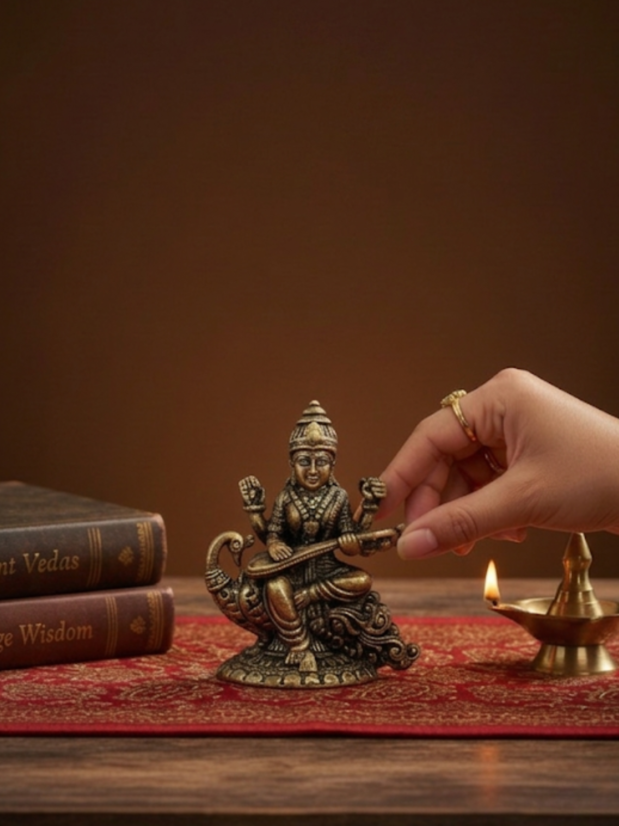 Mani Monk Brass Saraswati Sitar Idol - 1.2 Inch - Goddess of Knowledge and Arts for Home and Puja Room - ManiMonk