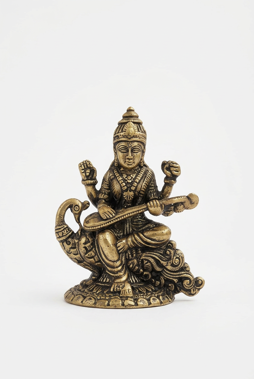 Mani Monk Brass Saraswati Sitar Idol - 1.2 Inch - Goddess of Knowledge and Arts for Home and Puja Room
