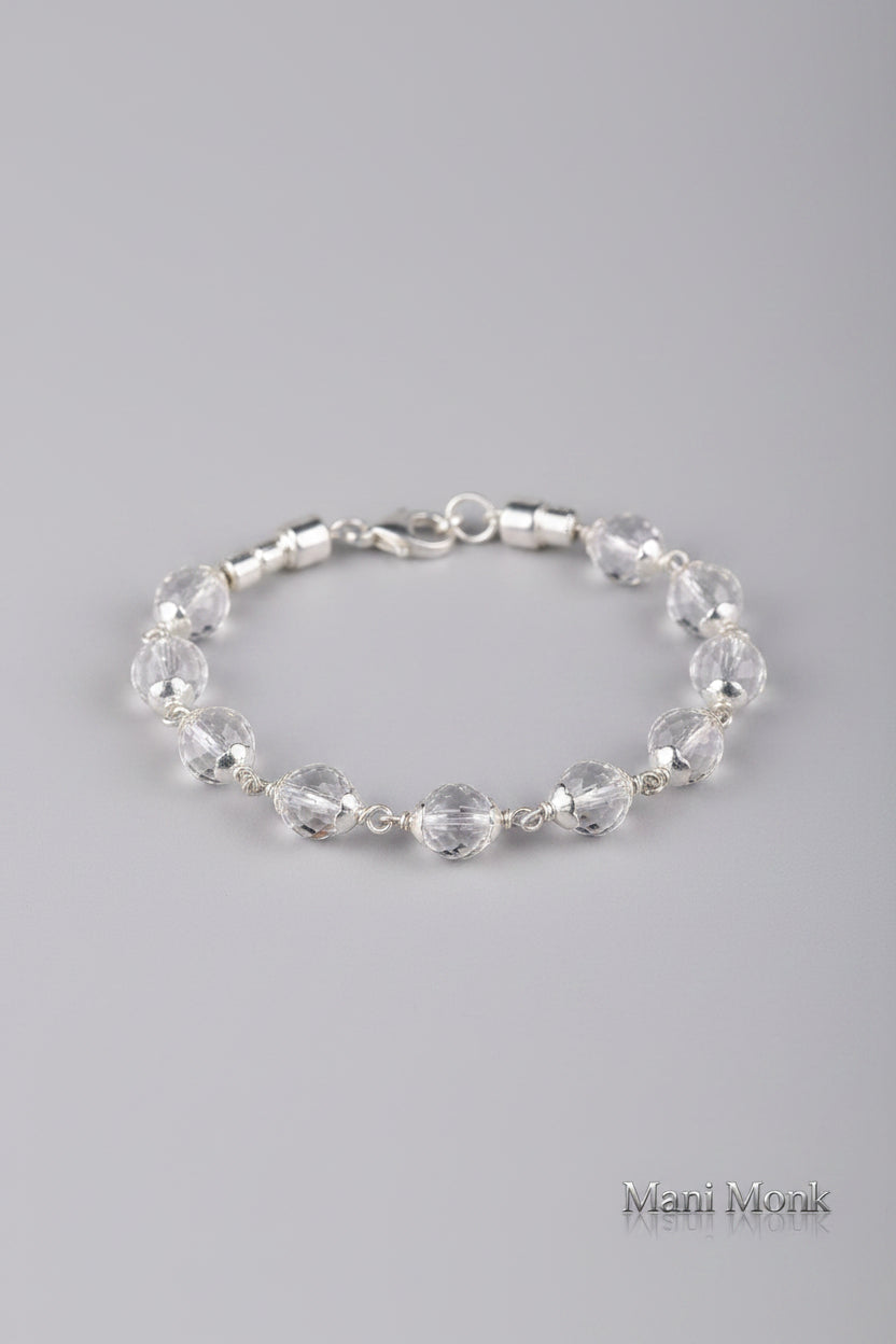 Mani Monk Crystal Energy Faceted Sphatik Bracelet with Silver Caps & Hook – 8 mm
