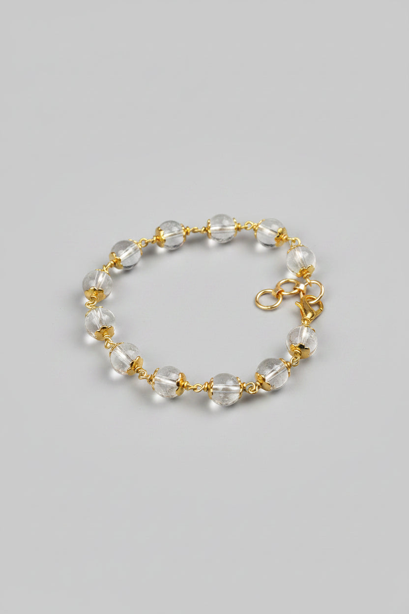 Mani Monk Divine Round Sphatik Bracelet with Gold Polish Caps & Hook – 8 mm
