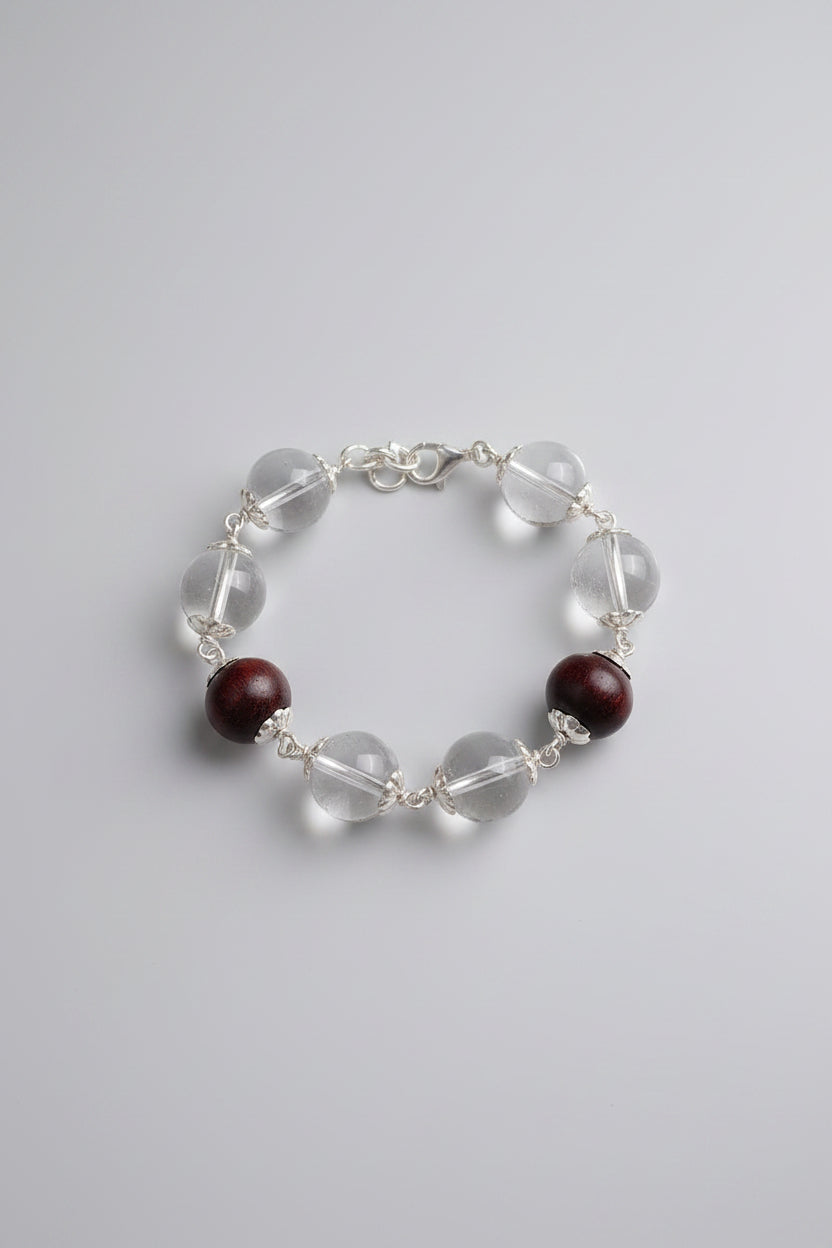 Mani Monk Divine Round Sphatik & Red Sandalwood Bracelet with Silver Caps & Hook – 8 mm