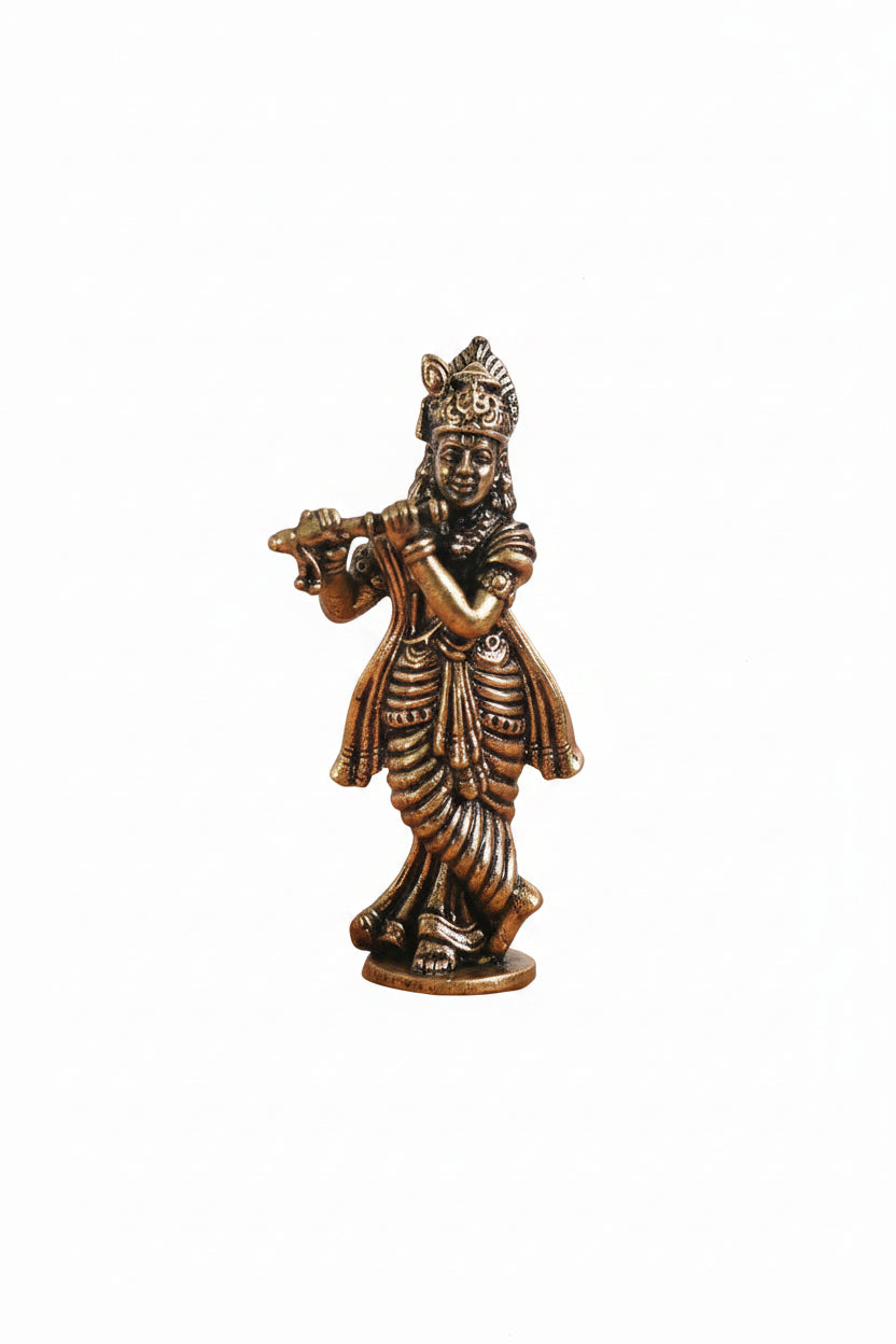 Mani Monk Brass Krishna Flute Idol - 1.8 Inch - Divine Murali Krishna Murti for Home and Puja Room