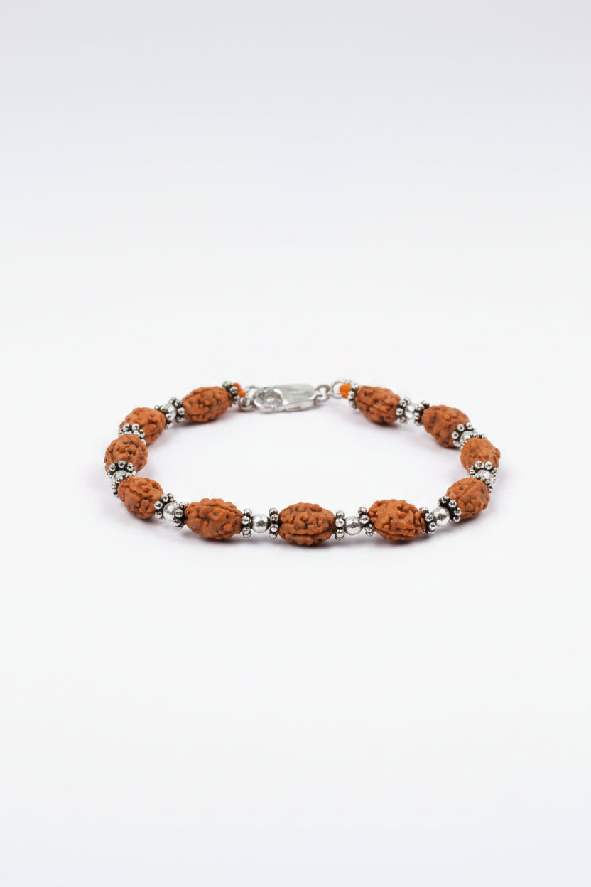 Mani Monk Moon Rudraksha Bracelet with Silver Balls & Chakri – 10 mm
