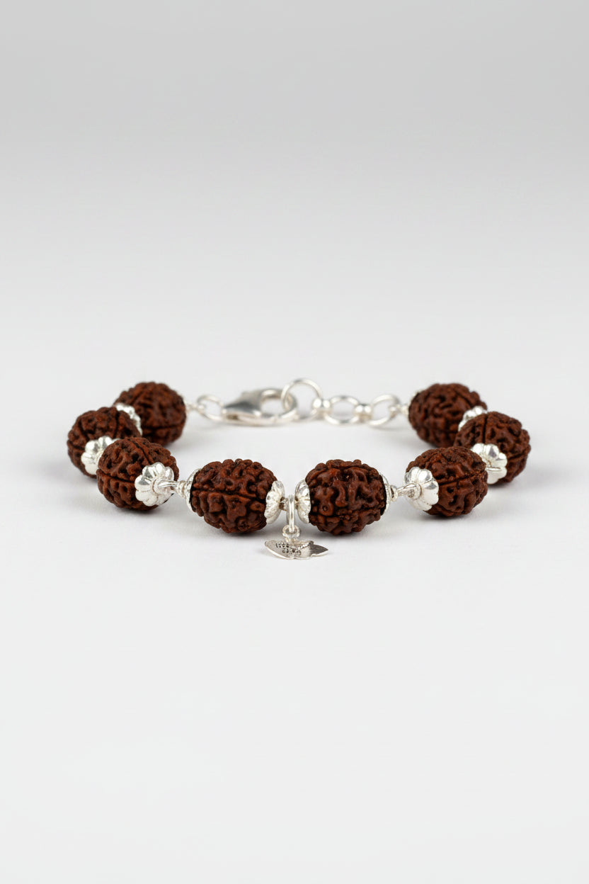  Mani Monk Moon Rudraksha Bracelet with Silver Capping