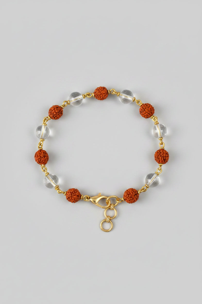 Mani Monk Rudraksha & Crystal Bracelet in Gold Polish Wire – 8 mm