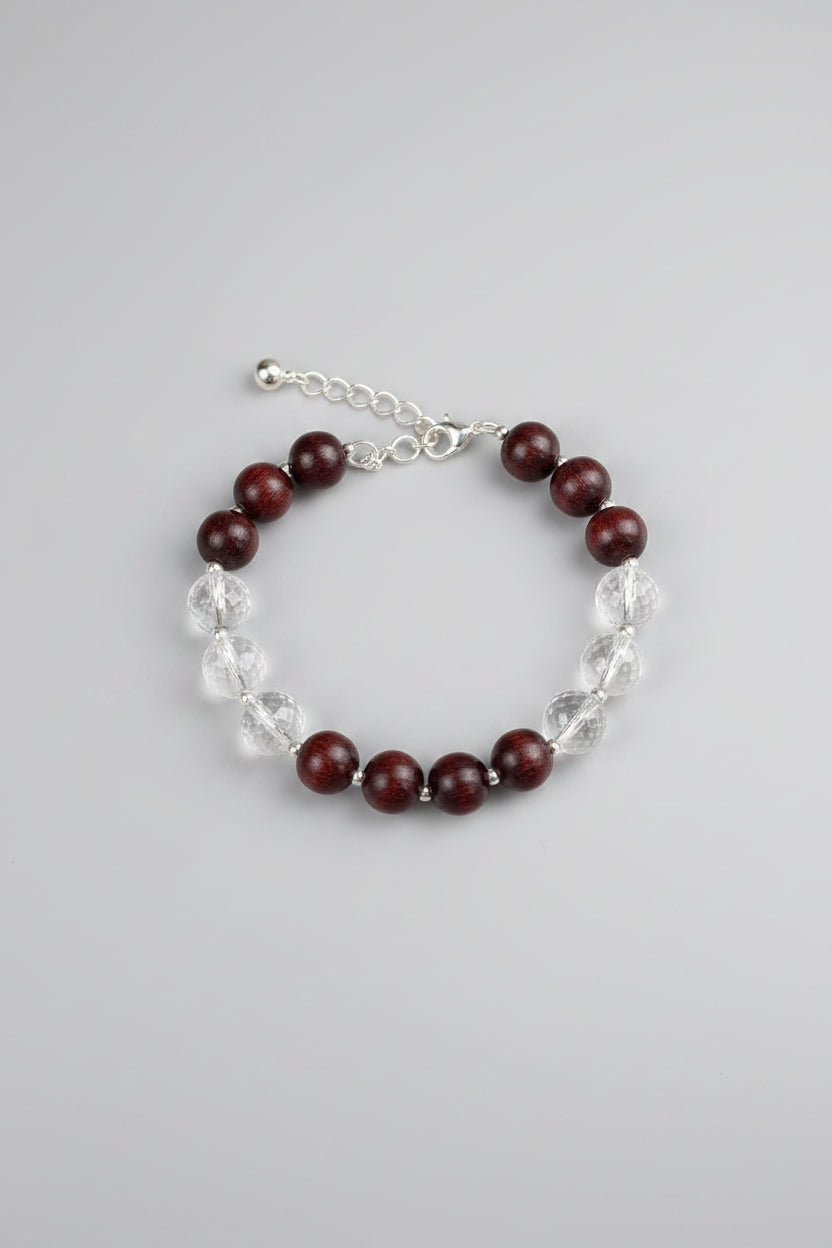 Mani Monk Sacred Faceted Sphatik & Red Sandalwood Bracelet with Silver Balls & Hook – 8 mm