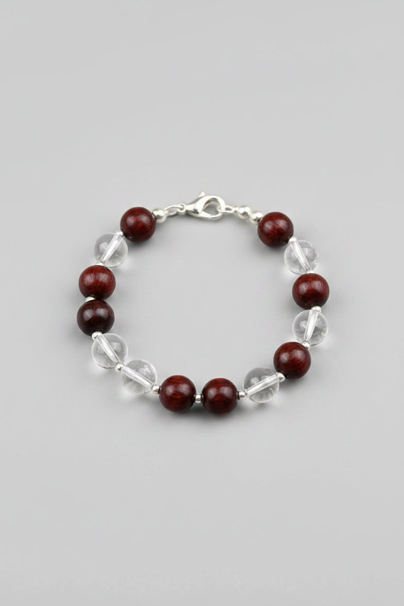 Mani Monk Sacred Round Sphatik & Red Sandalwood Bracelet with Silver Balls & Hook – 8 mm