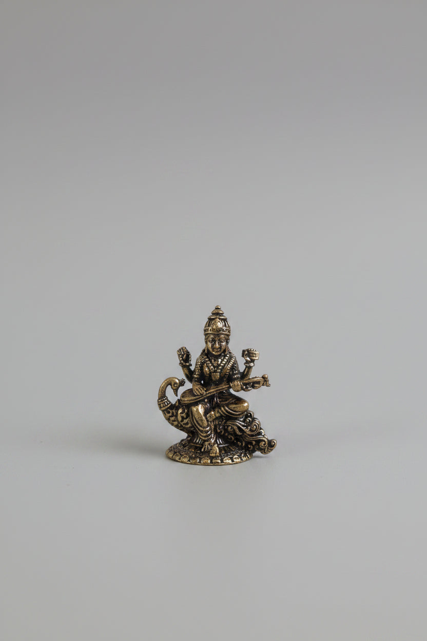 Mani Monk Brass Saraswati Sitar Idol - 1.2 Inch - Goddess of Knowledge and Arts for Home and Puja Room