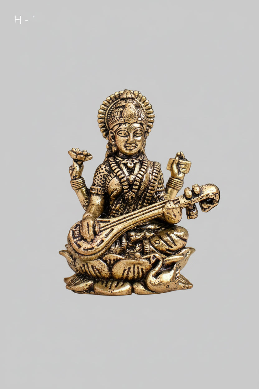 Mani Monk Brass Saraswati Sitar Lotus Idol - 1.2 Inch - Goddess of Knowledge Seated on Lotus for Home and Puja Room