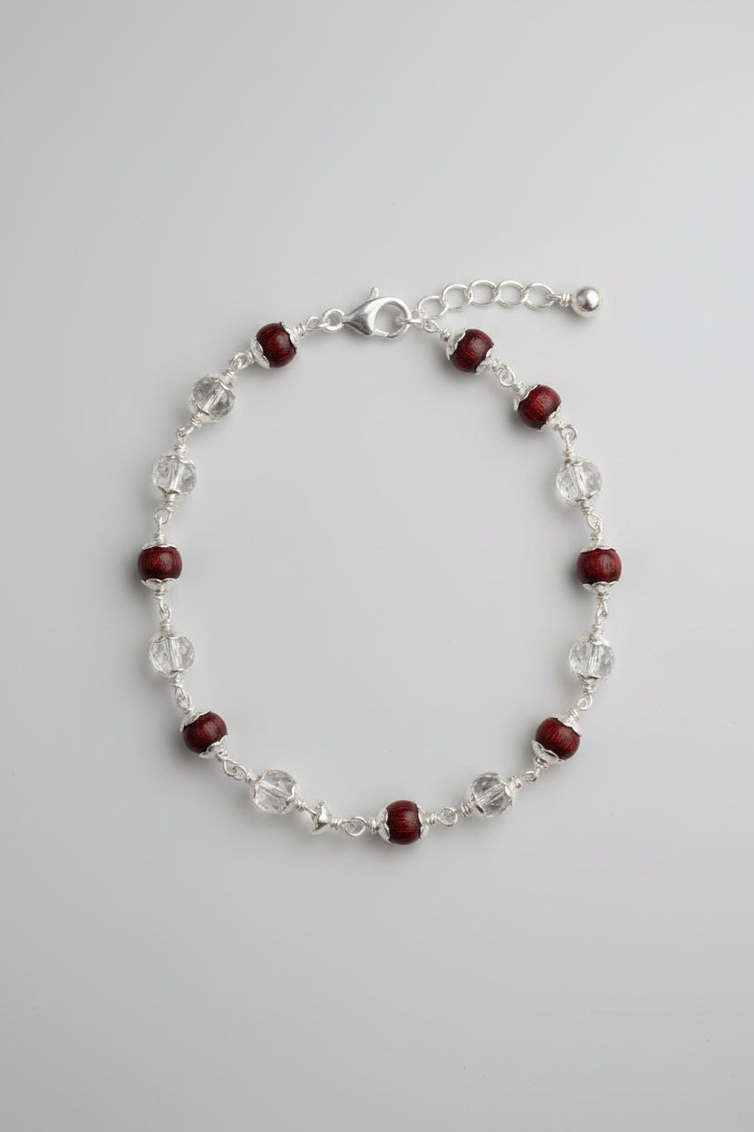 Mani Monk Spiritual Faceted Sphatik & Red Sandalwood Bracelet with Silver Caps & Hook – 8 mm