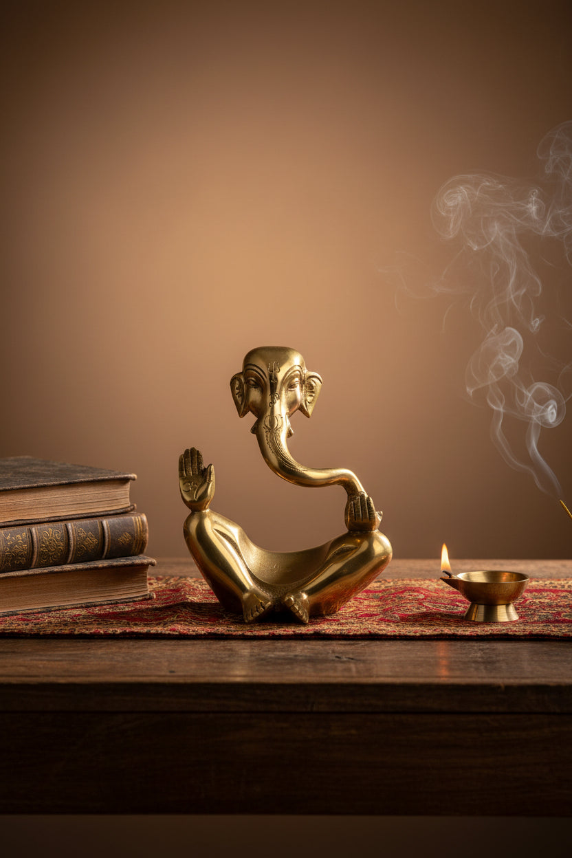 Modern Abstract Ganesh Brass Idol 9.8 Inch Handcrafted Contemporary Ganesha Statue for Home Decor and Office