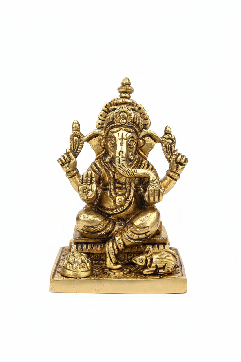 Mukut Ganesha Brass Statue 4.4 Inch Handcrafted Crown Ganesha Idol for Home Puja Mandir and Gifting