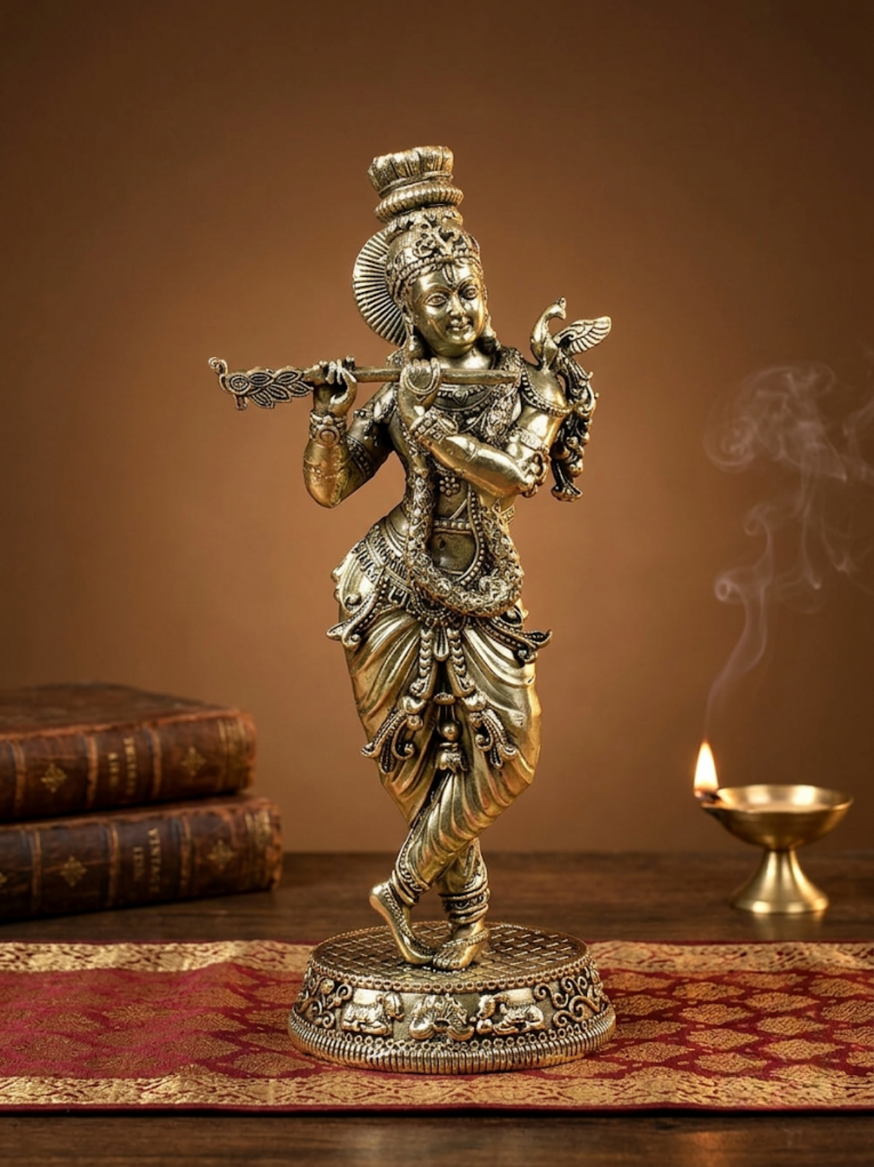 Front view of the Mani Monk Ashtadhatu Muralidhar Krishna idol, styled on a traditional pooja altar with incense and a lit diya
