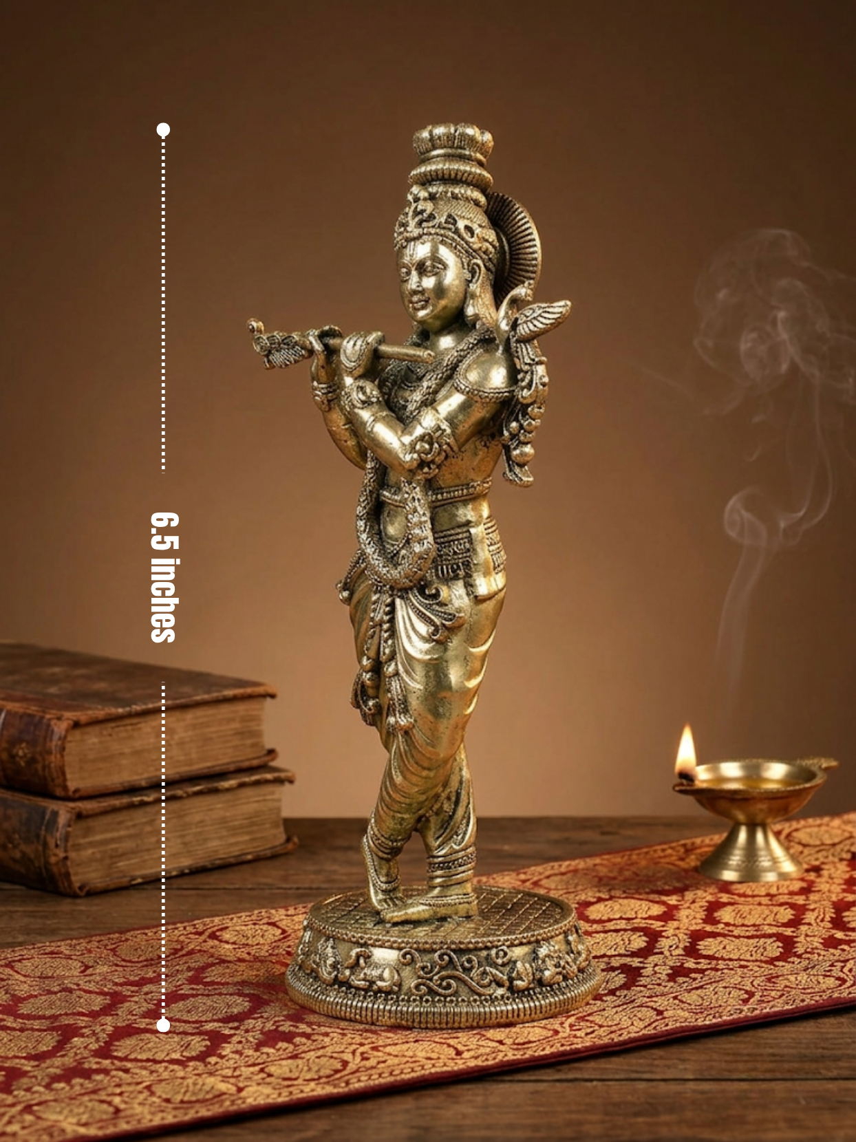 Dimensions scale view of the 8-metal Ashtadhatu Muralidhar Krishna murti, perfectly sized for home mandir decor and spiritual worship