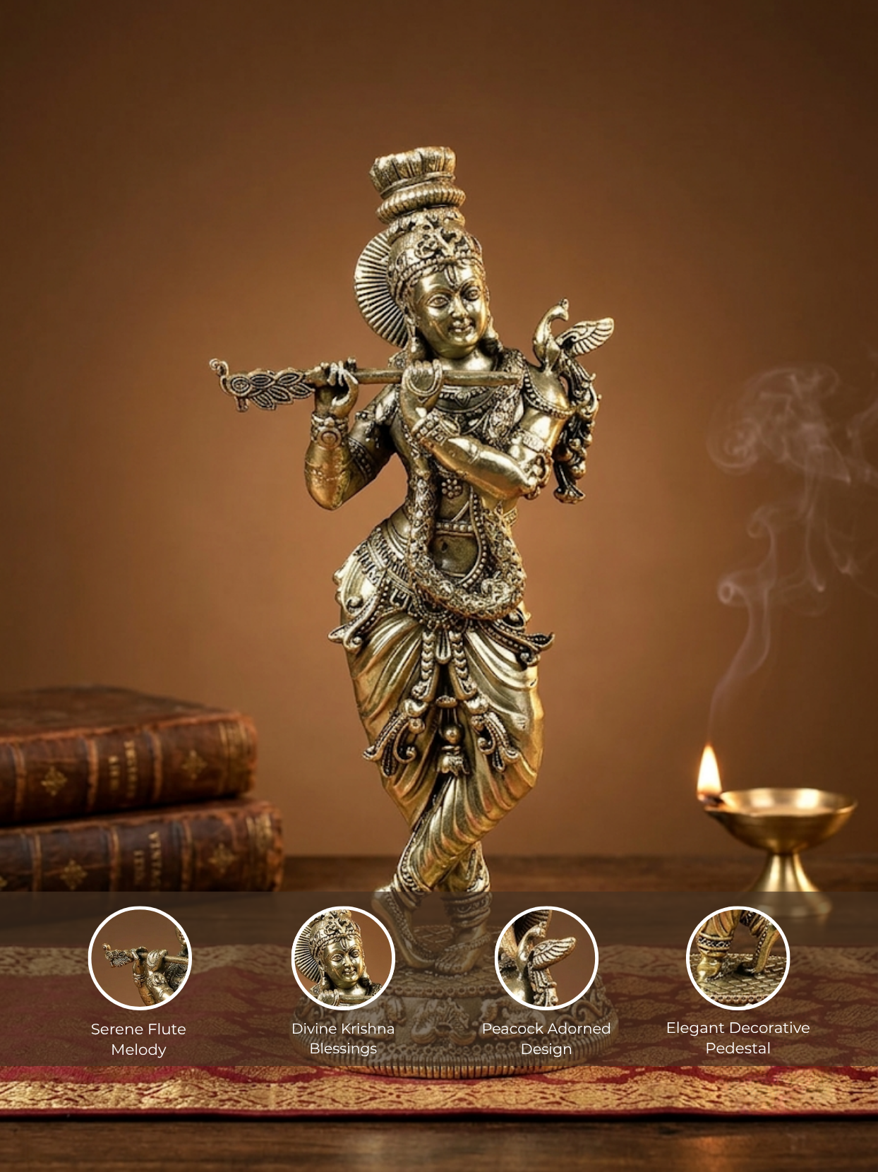 Detailed feature view of the Mani Monk Muralidhar Krishna idol highlighting the intricate sacred detailing, the divine flute (murali), and antique Ashtadhatu finish