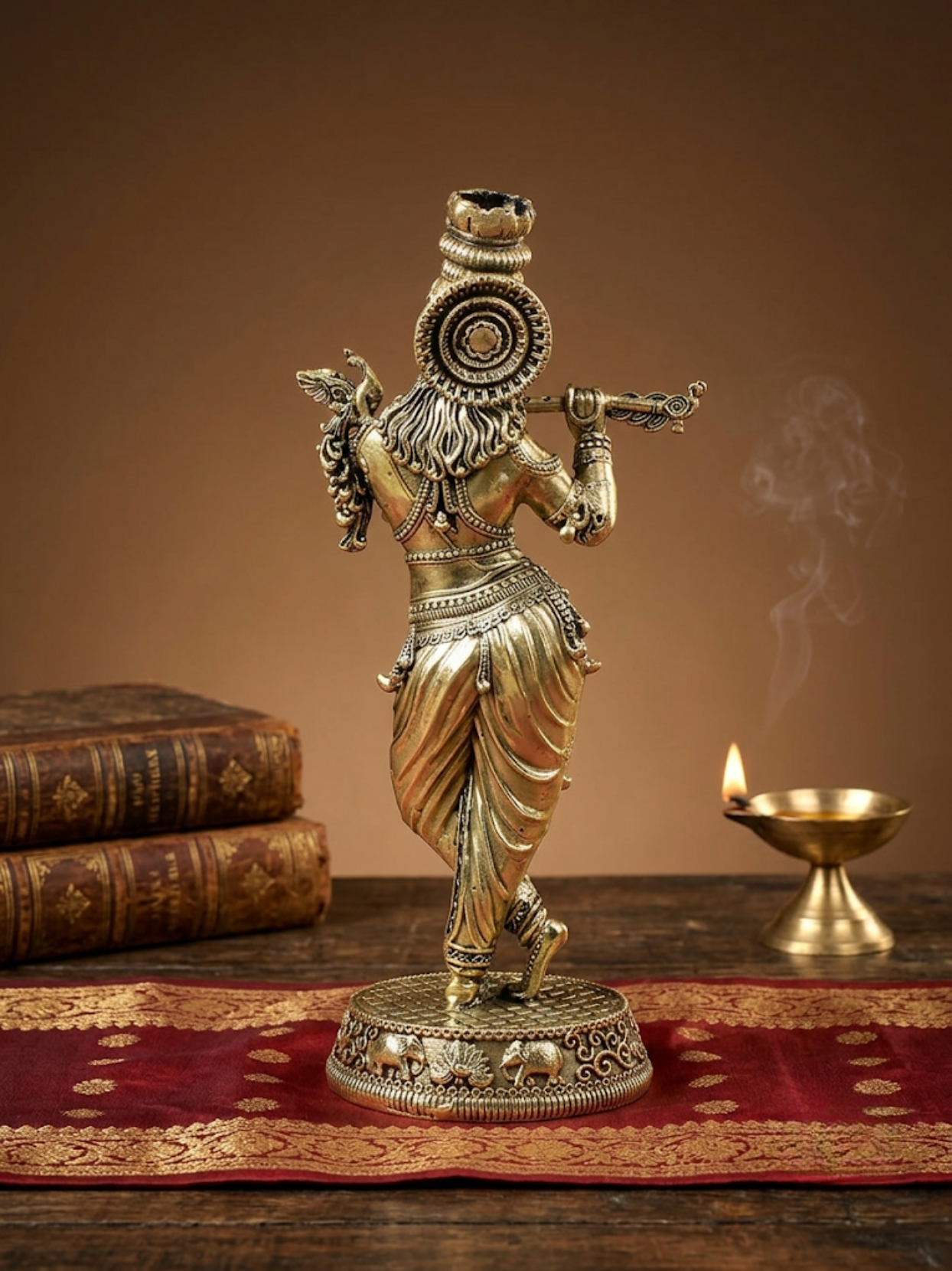 Back angle of the traditional Ashtadhatu Muralidhar Krishna statue, displaying the detailed rear metal craftsmanship and divine standing posture.