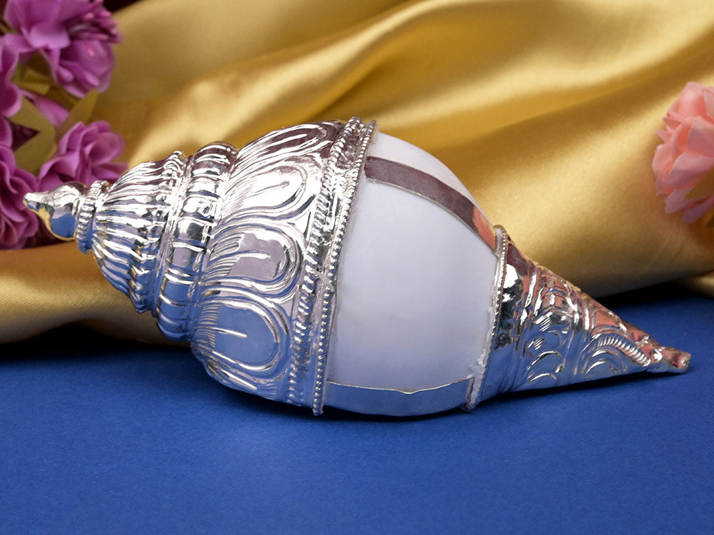 Vamavarti Shankh in 925 Sterling Silver Encasing - 285.18 gms