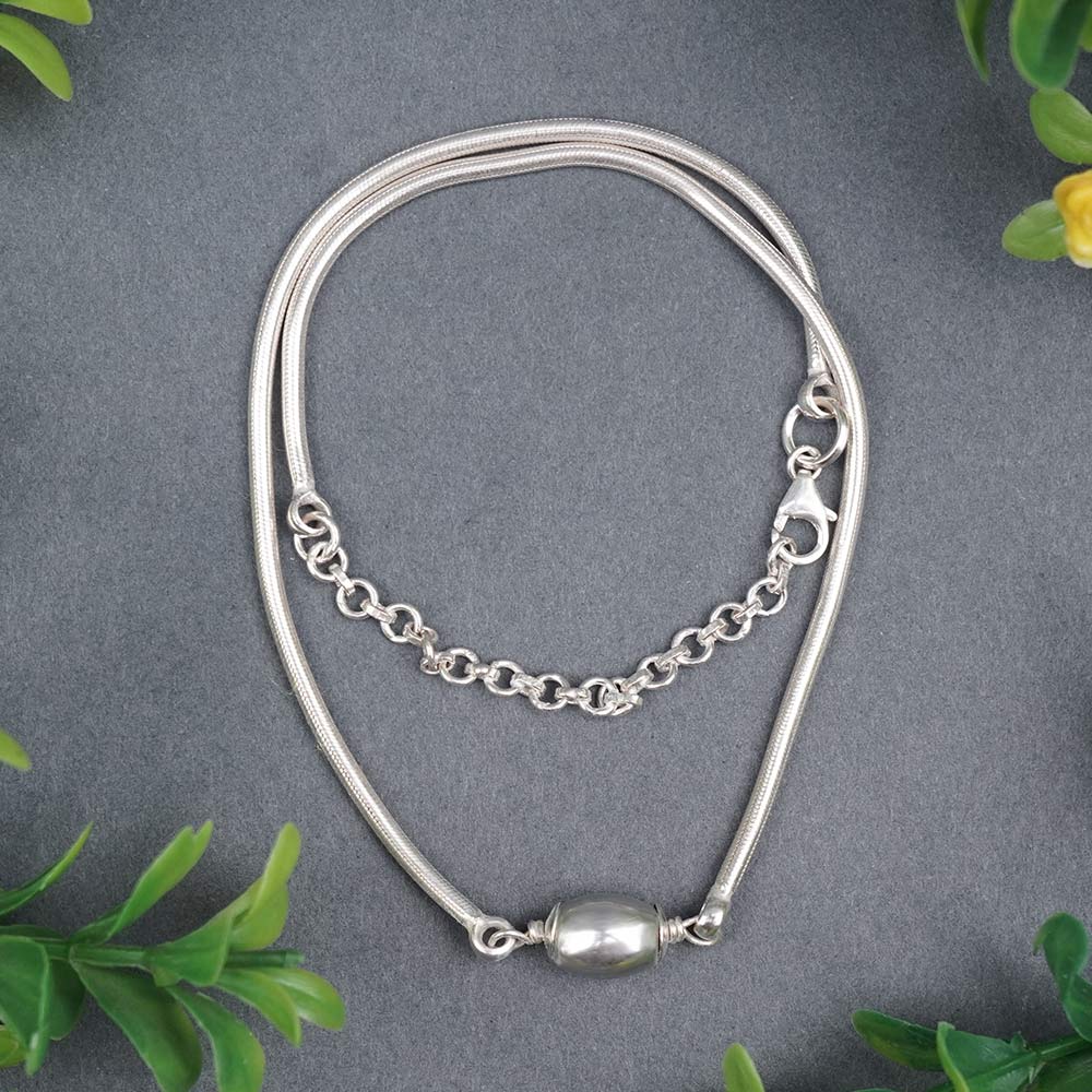 Barrel Parad Gutika Pendant with Silver Caps & Silver Snake Chain-14 mm