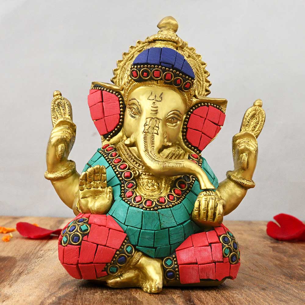 Divya Ganesha Idol in Brass with Multicolour Stone Work